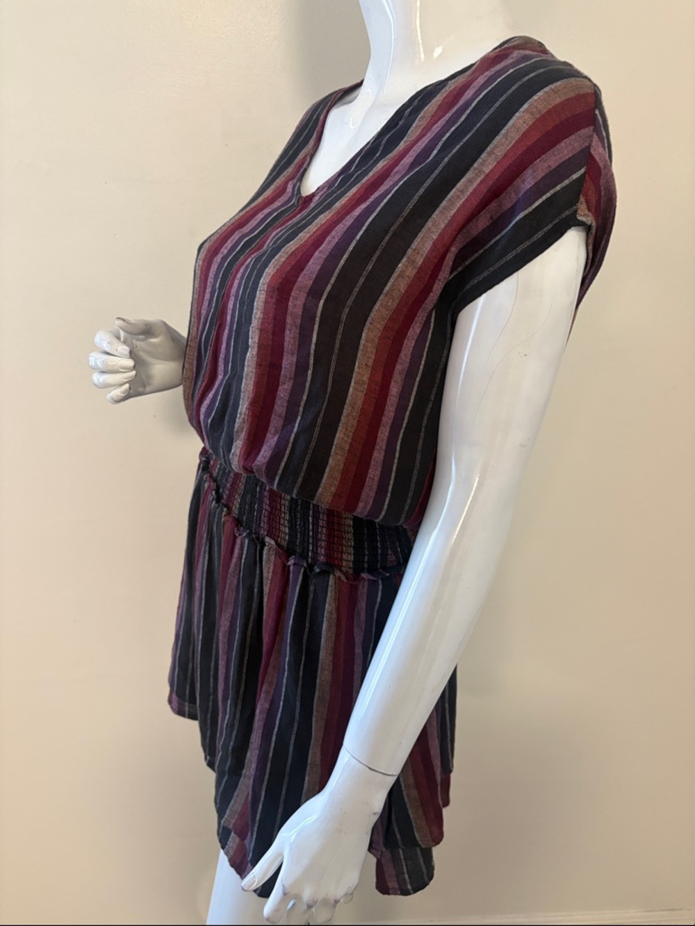 Rails Lucca Brava Stripe VNeck Short Sleeve Linen Blend Mini Dress Smocked Waist - Picture 4 of 8